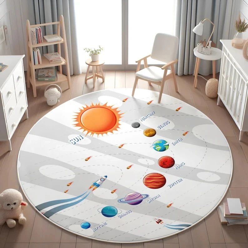 Planets Astronauts Playmat Round Rug Living Room Decor Sofa Rug Kid's Play Mat Boys Bedroom Bedside Rug Play Reading Area Rug