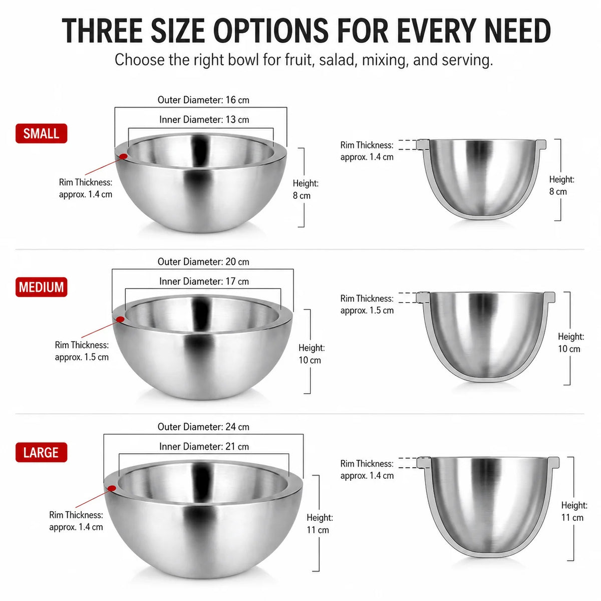 16/20/24cm Stainless Steel Dip Chiller Bowl Double Walled Fruit Salad Mixing Bowl Insulated Ice Chilled Serving Bowl for Kitchen