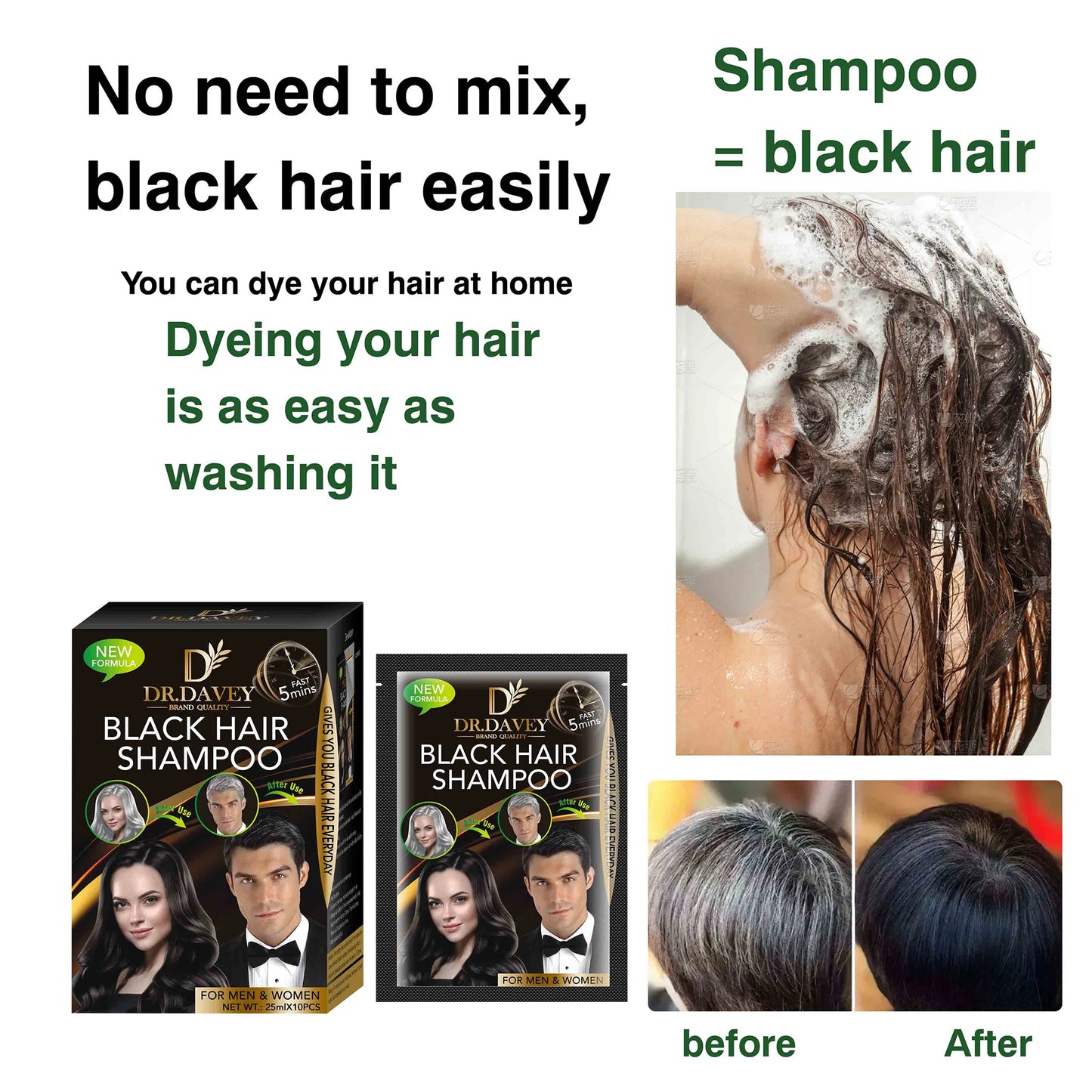 DR.DAVEY Boxed25ml×10PCS Black hair dye nourishes hair, cleanses and cares for it, and is a coloring hair care shampoo