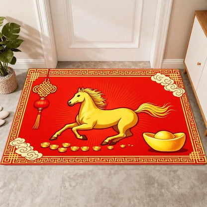 VIKAMA Spring Festival Red Horse Pattern Rug Non-Slip Mat 2026 Year of the Horse Spring Festival Living Room Doormat Home Decor