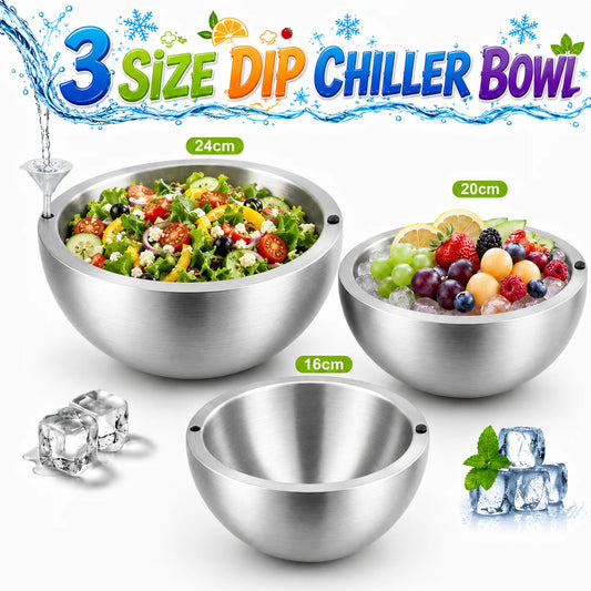 16/20/24cm Stainless Steel Dip Chiller Bowl Double Walled Fruit Salad Mixing Bowl Insulated Ice Chilled Serving Bowl for Kitchen