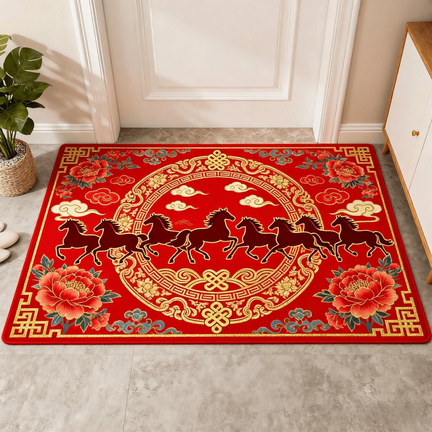 VIKAMA Spring Festival Red Horse Pattern Rug Non-Slip Mat 2026 Year of the Horse Spring Festival Living Room Doormat Home Decor