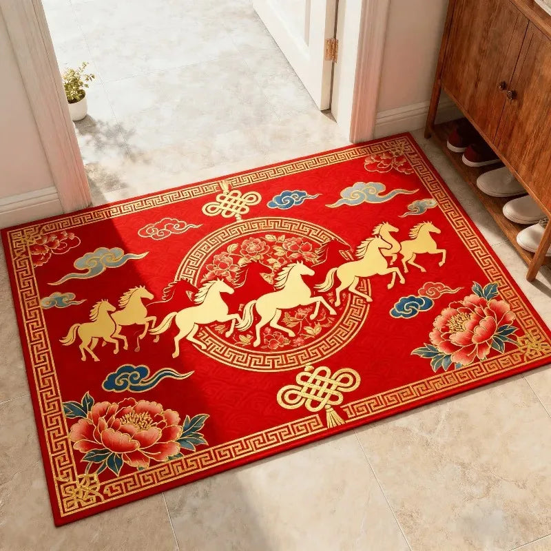 VIKAMA Spring Festival Red Horse Pattern Rug Non-Slip Mat 2026 Year of the Horse Spring Festival Living Room Doormat Home Decor