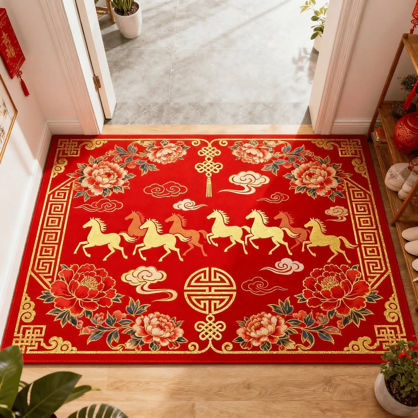 VIKAMA Spring Festival Red Horse Pattern Rug Non-Slip Mat 2026 Year of the Horse Spring Festival Living Room Doormat Home Decor