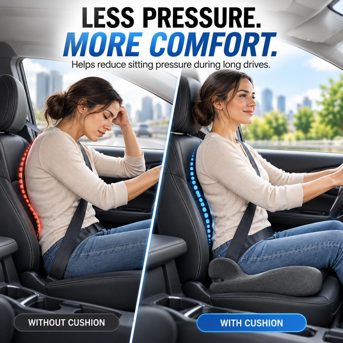 DriveAlign cushion comparison showing improved seated support and less sitting pressure