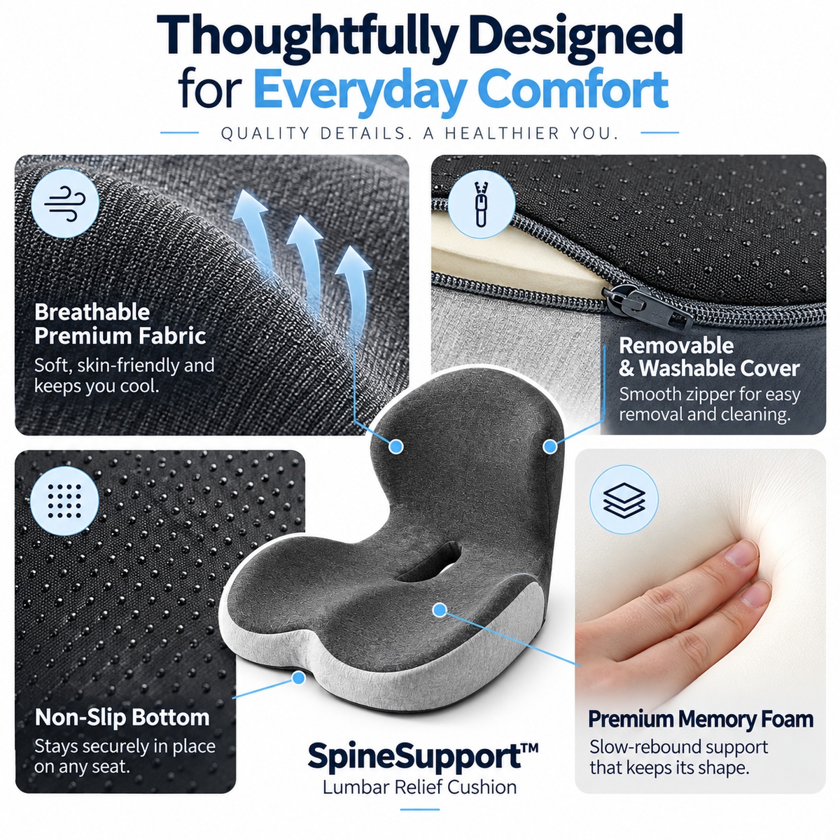 DriveAlign breathable cover, non-slip base and memory foam features