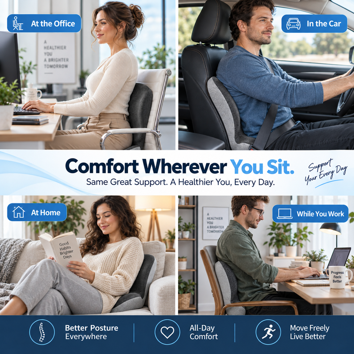 DriveAlign cushion use cases for office, car, home and work