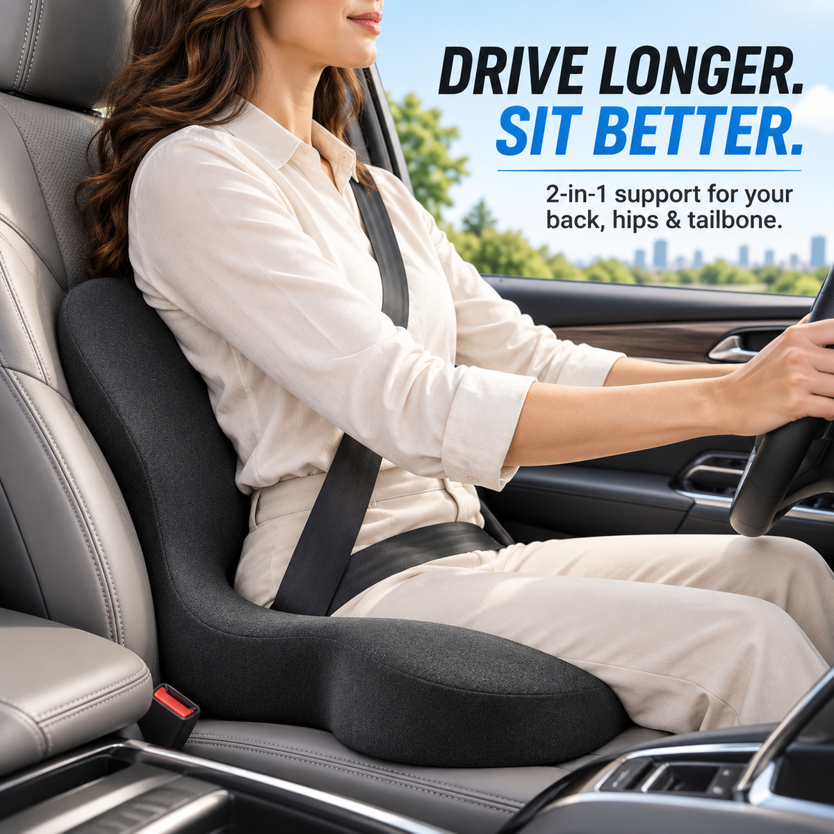 TruTrim DriveAlign 2-in-1 comfort cushion supporting the lower back, hips and tailbone