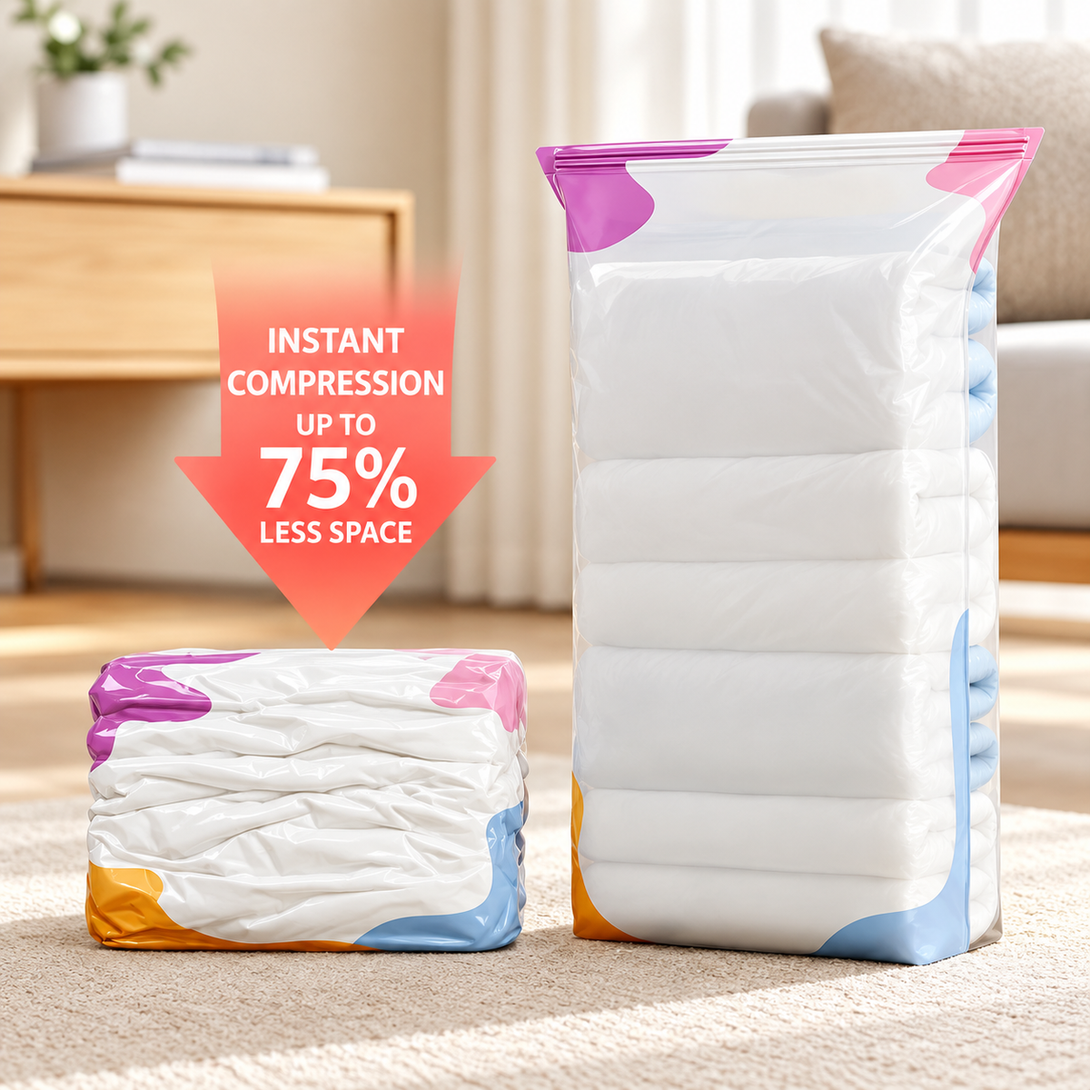 TruTrim no-pump storage bag before and after compression showing up to 75 percent less space