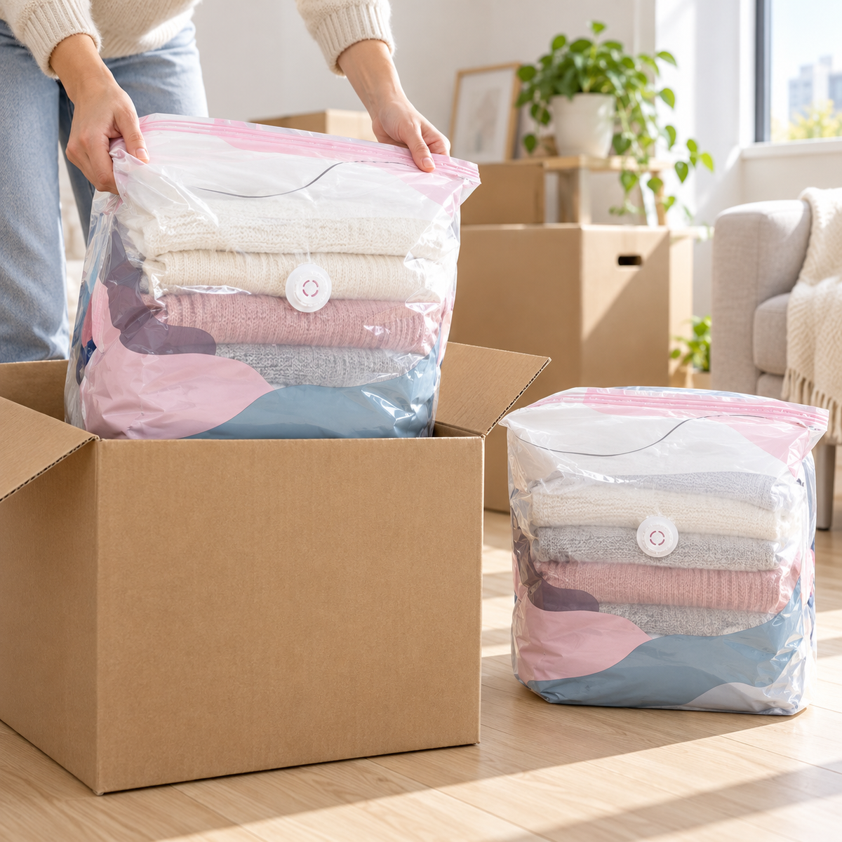 TruTrim no-pump vacuum storage bag used for organized moving-day packing