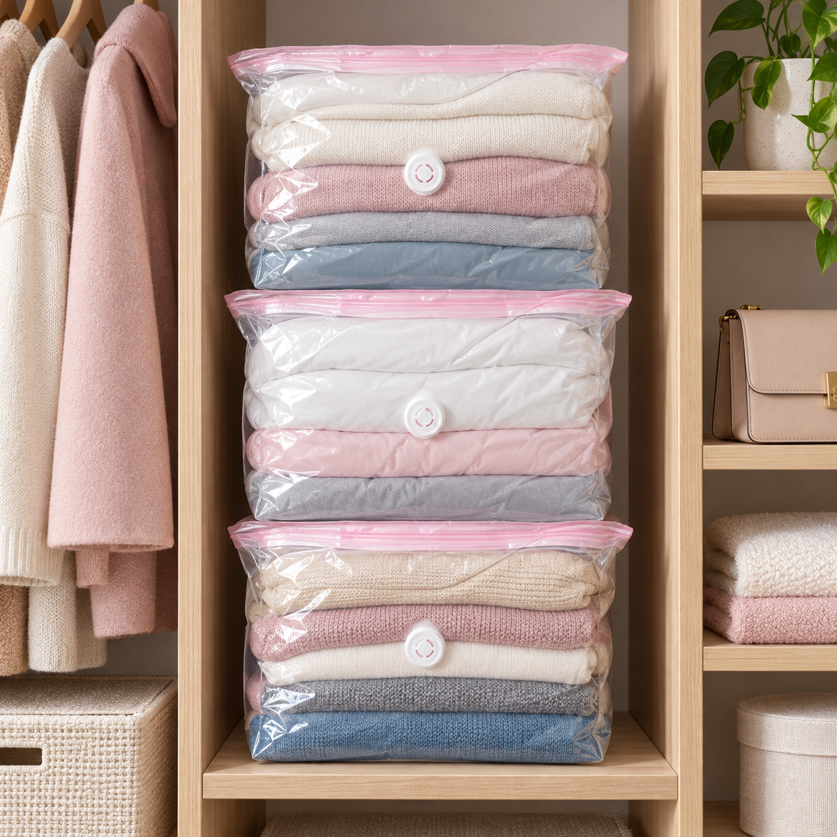 TruTrim SpacePress compression bags neatly organized in a wardrobe