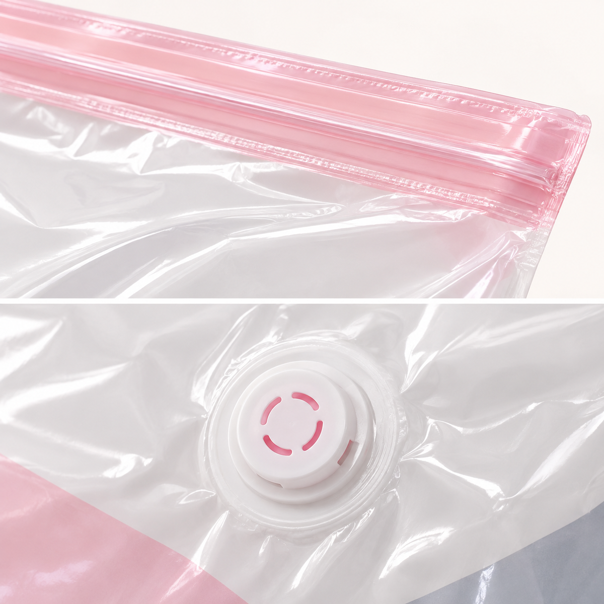 Close-up of SpacePress double zip seal and one-way air valve