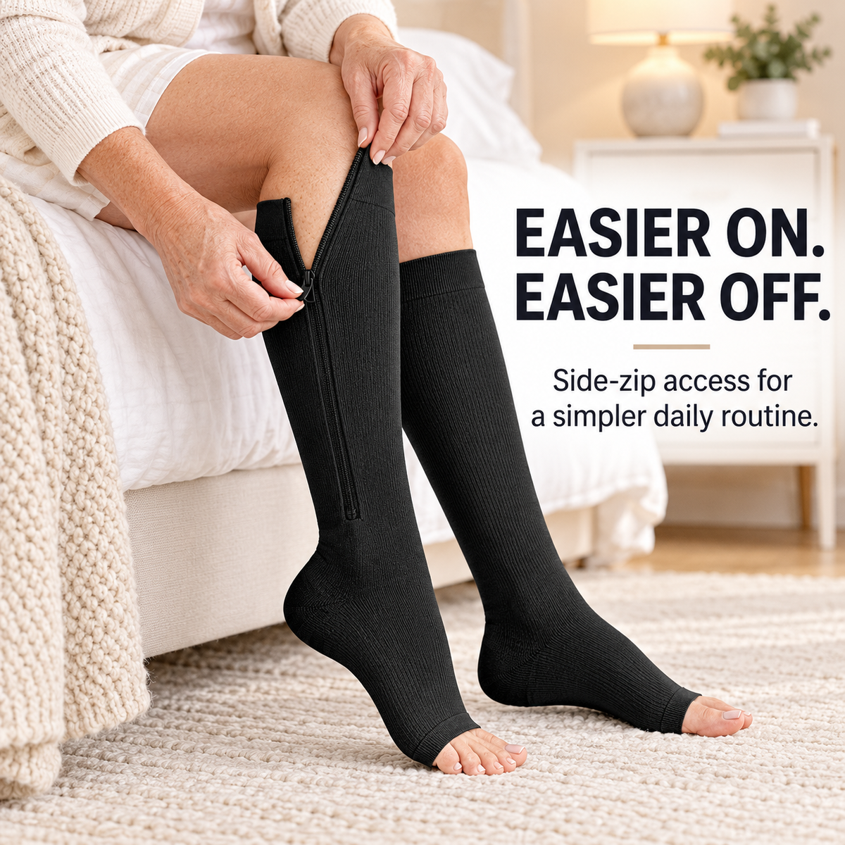 Older adult using the side zipper to put on TruTrim ZipEase compression socks