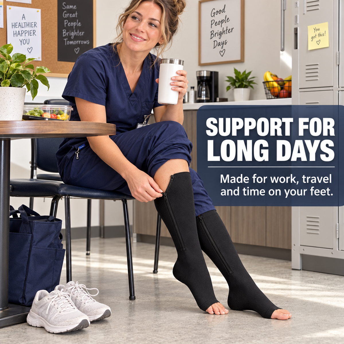 Worker wearing TruTrim ZipEase zipper compression socks during a long shift