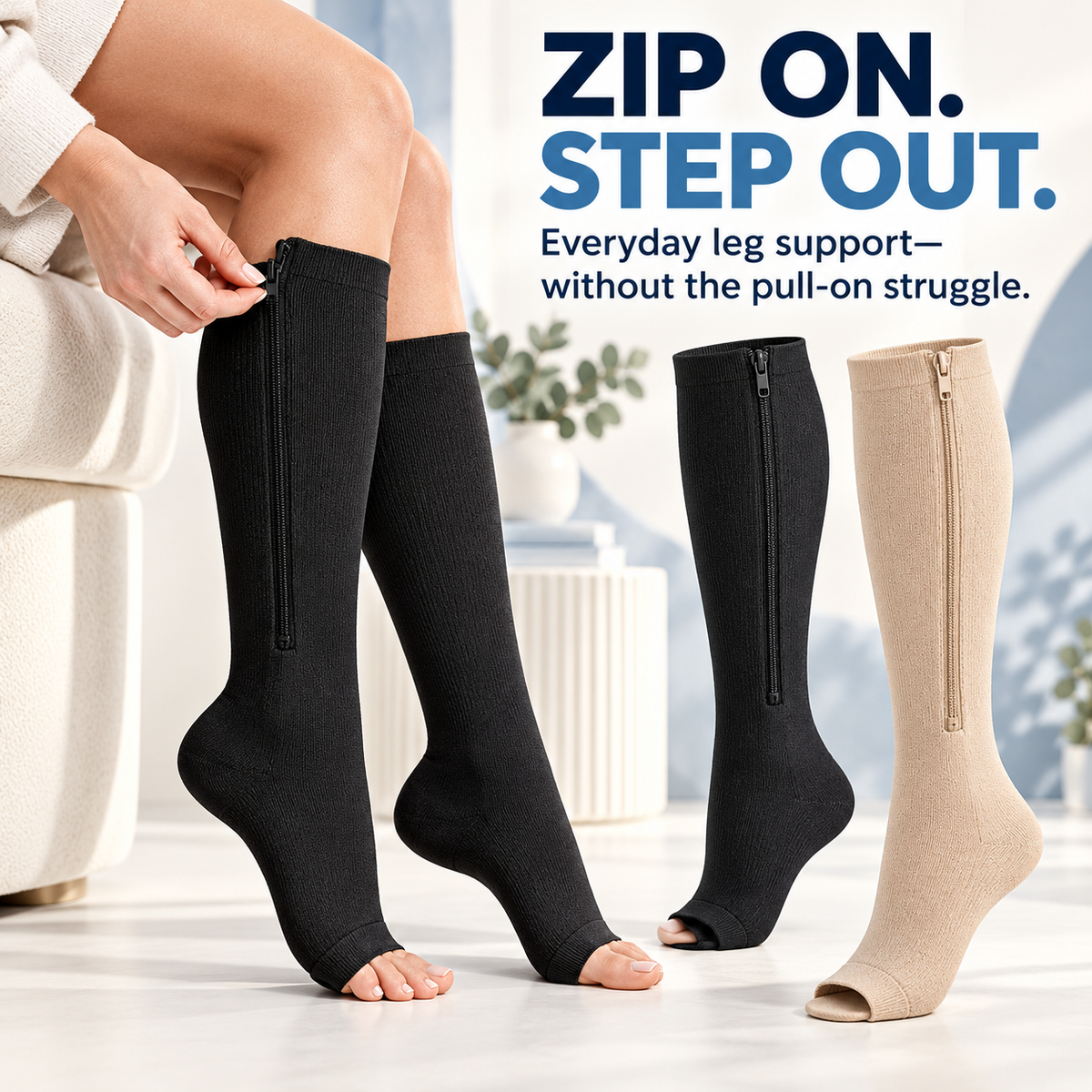 TruTrim ZipEase open-toe zipper compression socks in black and beige